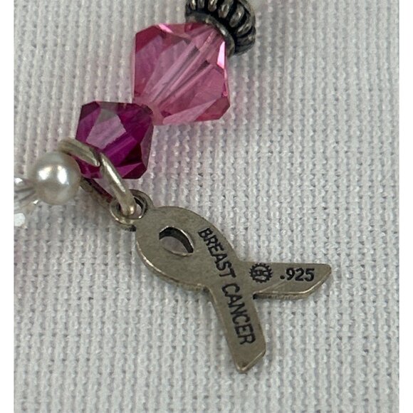 Vintage 925 Sterling Silver Pink Crystal Beaded Breast Cancer Bracelet - Picture 3 of 5